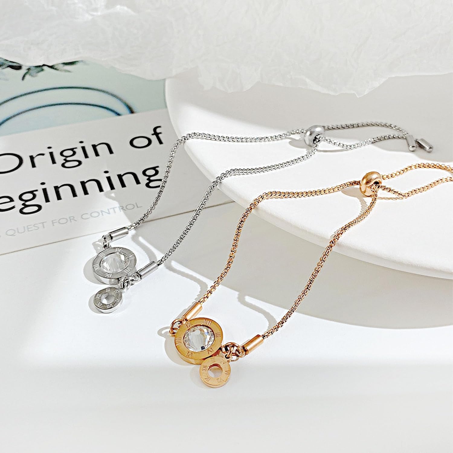 18K White/Rose Gold Plated Bracelets Lucky Roman Numerals Bracelet Adjustable Stainless Steel Bracelets Jewelry Gifts for Women Men - Image 5