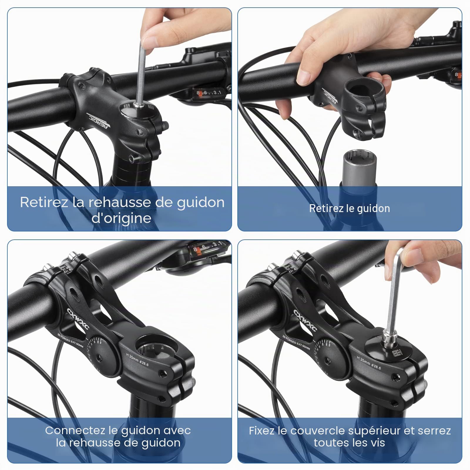 CXWXC Potence réglable pour VTT 31,8 mm 70 degrés – 90/110/145 mm – en alliage d'aluminium – Extension de guidon pour VTT, vélo de route, vélo de ville (31.8 x 90mm)