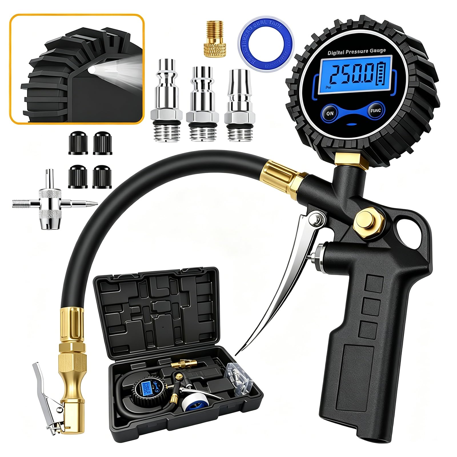 Digitaler Reifenfüller mit Manometer, 0,1 PSI hochpräziser Druckluft-Reifendruckprüfer,4 Arten der Einheitenumschaltung,Reifendruckprüfer für PKW, LKW, Motorrad, Fahrrad, Messbereich 0-250 PSI