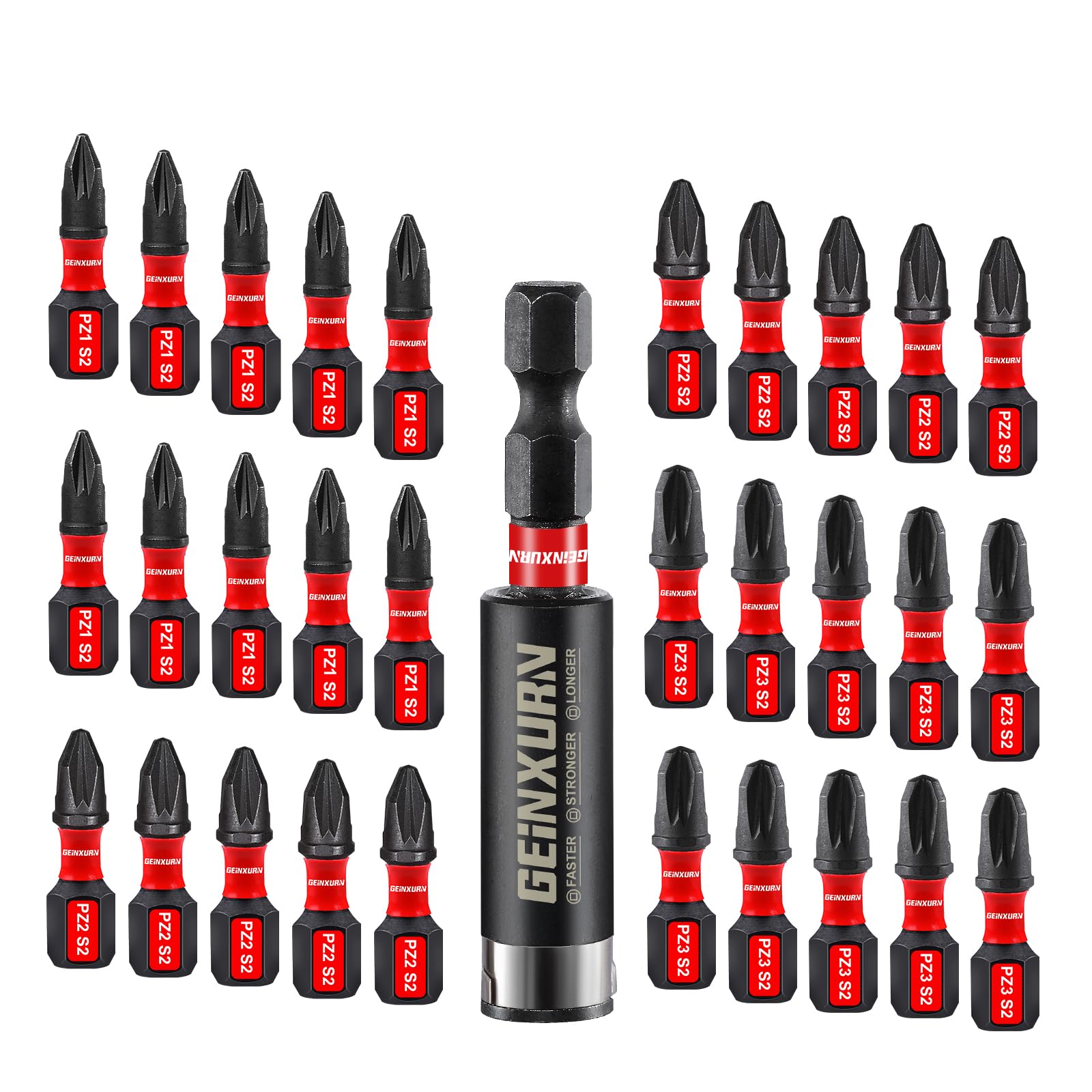 GEINXURN Impact Tough PZ1 PZ2 PZ3 25 mm Magnetic Screwdriver Bit Set, 30 Pieces Pozi Driver Drill Bits S2 Steel with 1Pcs Impact Bit Holder, Bulk โ image 1