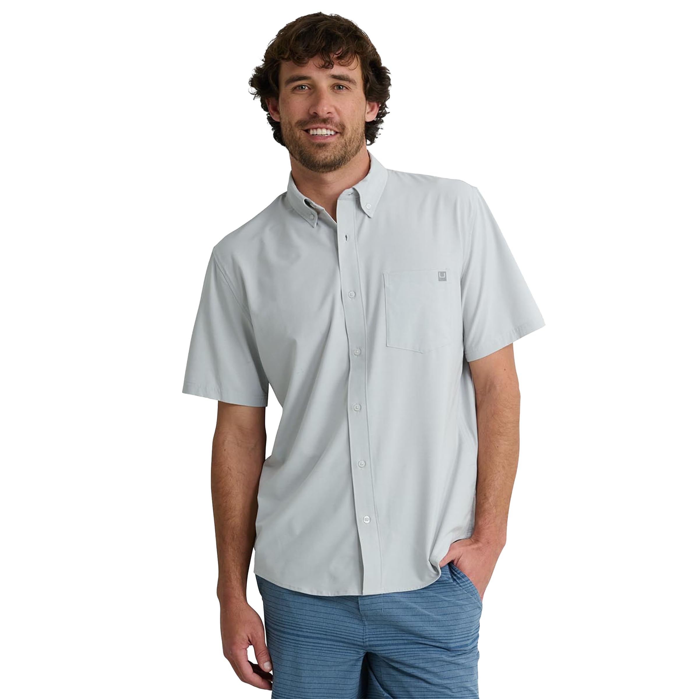 HUK Men's Kona Solid Short Sleeve Fishing Button Down Shirt, Harbor Mist, 3XL