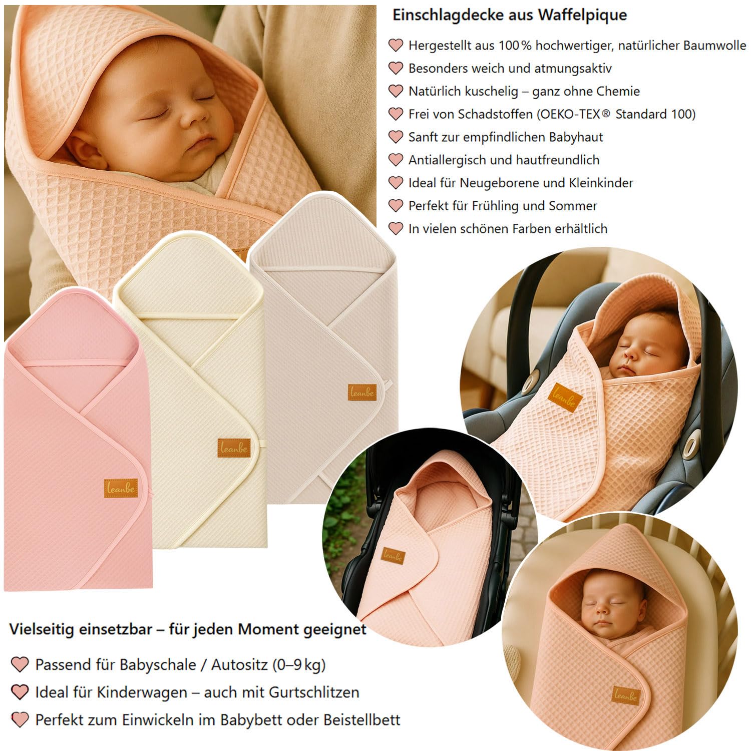 Einschlagdecke aus Waffelstoff für den Sommer 100% Baumwolle Babydecke für Autositz Kuscheldecke Kinderwagedecke Für Kinderwagen Buggys 3 Punkt Gurt (Beige)