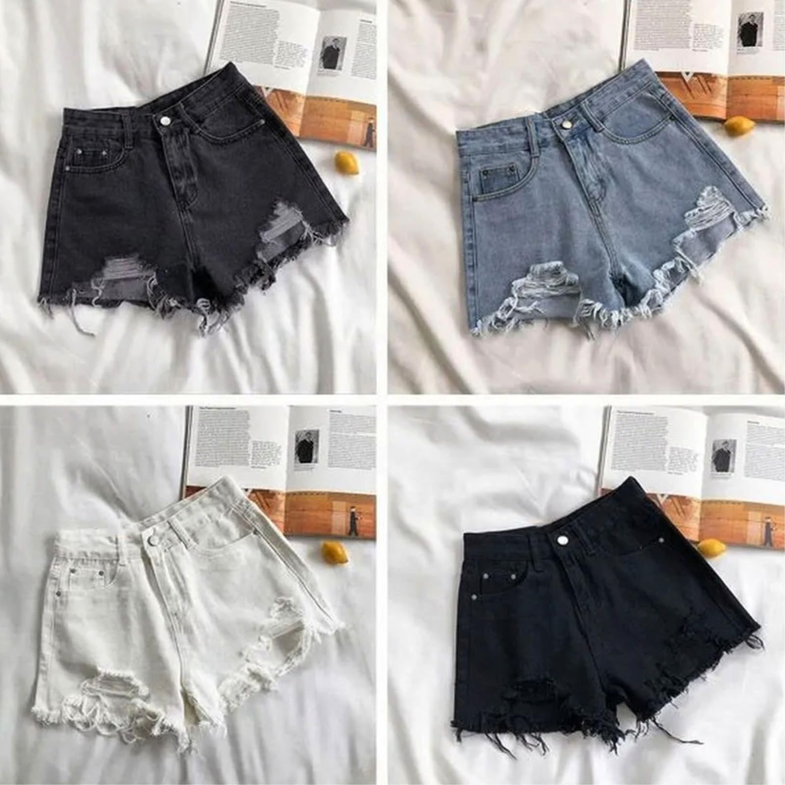 Short Jeans Femme Femmes Blanc Haute Taille Denim Shorts Distressed Frayed Pocket Été Casual Mini Shorts-Black-XXL