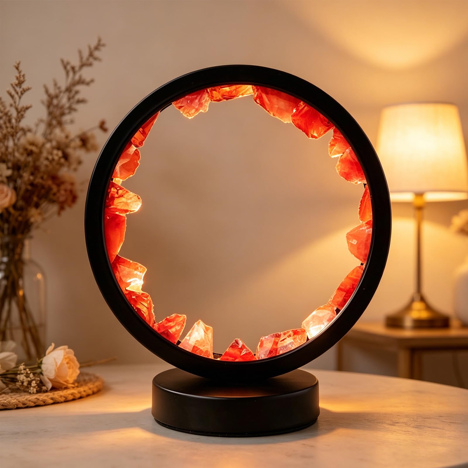 Cherry Quartz Ring Crystal Light USB Powered Tri Color Dimming Healing Pink Crystal LED Table Lamp for Living Room Office Coffee Shop Meditation Christmas Gift W 7.09in x H 8.66in(Red Fusion Refining)