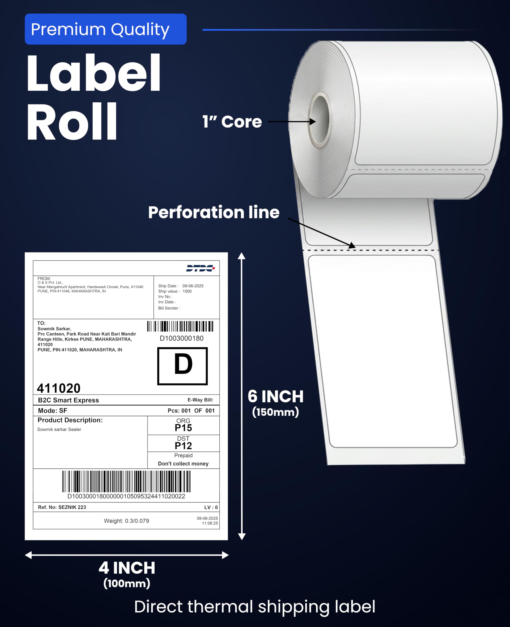 SEZNIK Thermal Printer 4x6 Inch Label Paper (100x150mm) | 1200 Labels | Shipping, Parcel, Barcode & Address Labels | Waterproof, Oil & Scratch Resistant Label Roll | BPA Free | Perforated (Pack of 3) 2