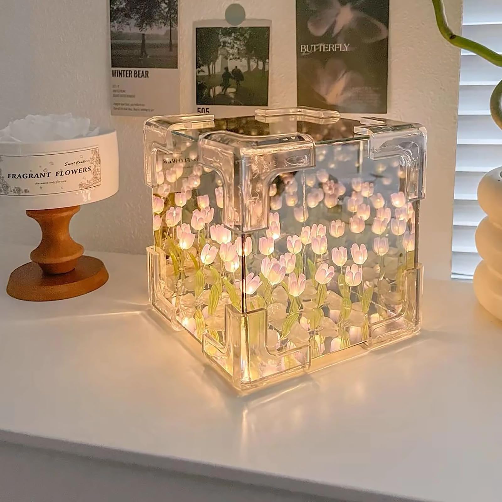 LuxeOneDIY Tulip Cube Mirror Lamp,DIY Tulip Night Light,Handmade DIY Tulip Flower Magic Cube Mirror Night Light,Creative Gift for Girls, Friends, Mother, Women. (Pink)