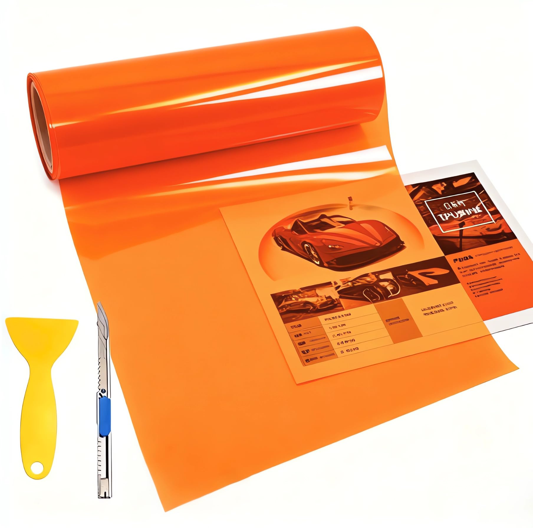 Photo 1 of 12” X 48” Tint Vinyl Film Sticker Sheet Roll for Car Headlight, Tail Lights, Fog Lights with Squeegee + Cutter (Neon Orange)