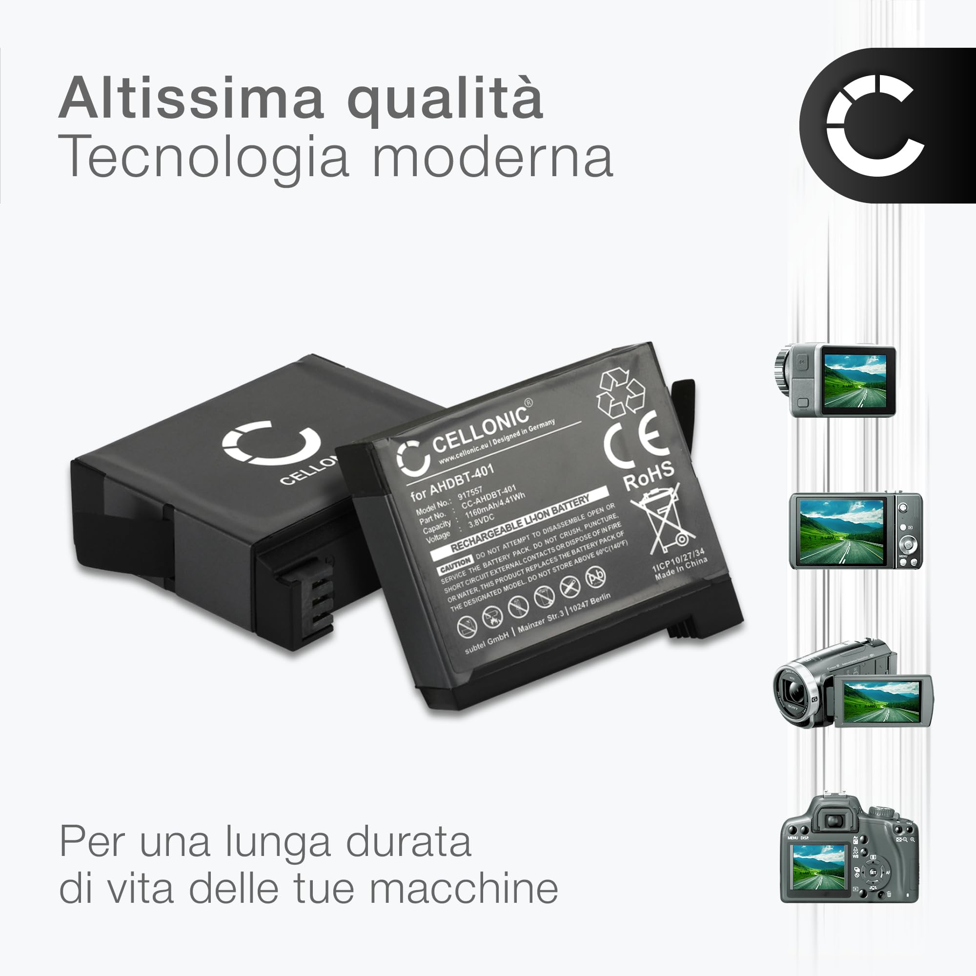 CELLONIC 2x Batteria per Fotocamera Compatibile con GoPro Hero 4, Hero 4 Black, Hero 4 Silver, 335-06532-000 – (1160mAh, 3.8V) + Caricabatterie Doppio
