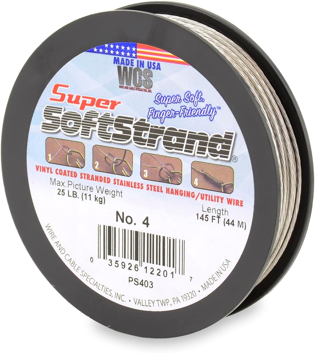 - Super Softstrand, Vinyl-Coated Stranded Stainless Steel Picture Wrapping Wire, Size #4, 25 lb / 11 kg, 145 ft / 44 m