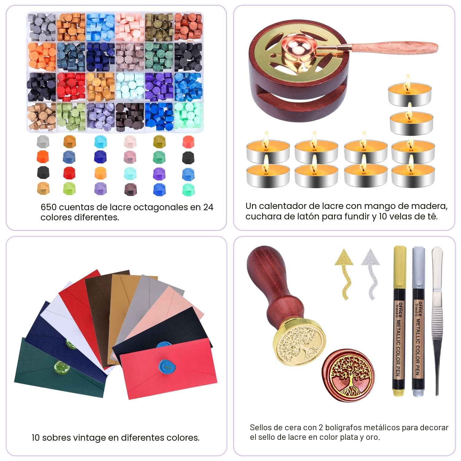 Aottom Kit de Sello de Cera, 650 Piezas Con 2 Sellos y Cuchara de Fundir, Para Invitaciones de Boda, Tarjetas, Navidad, Sobres, Papel de Regalo - 24 Colores