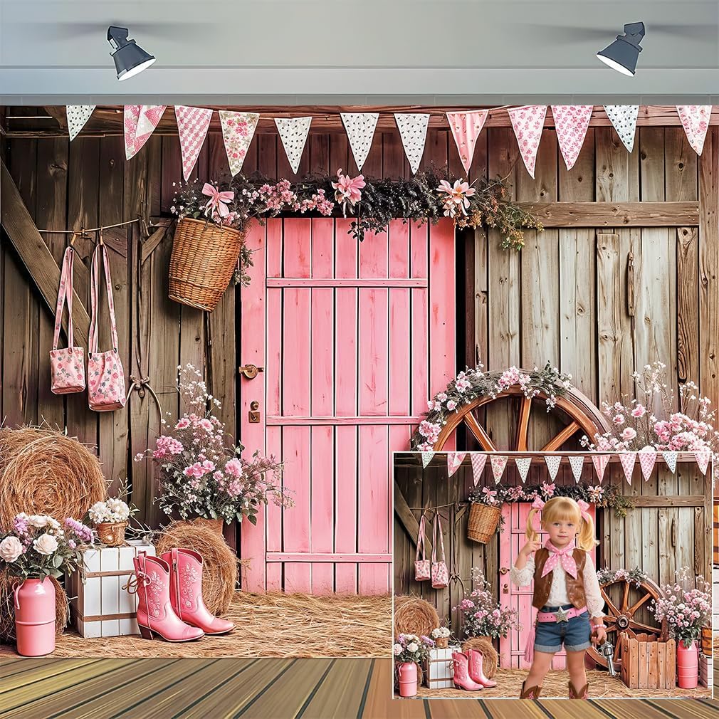 10 x 8 ft Western Backdrop Pink Rustic Barn Western Cowgirl Country Wedding Party Decorations Photography Background Farmhouse Flower Baby Shower Bridal Birthday Party Decor Banner Photo Studio Props