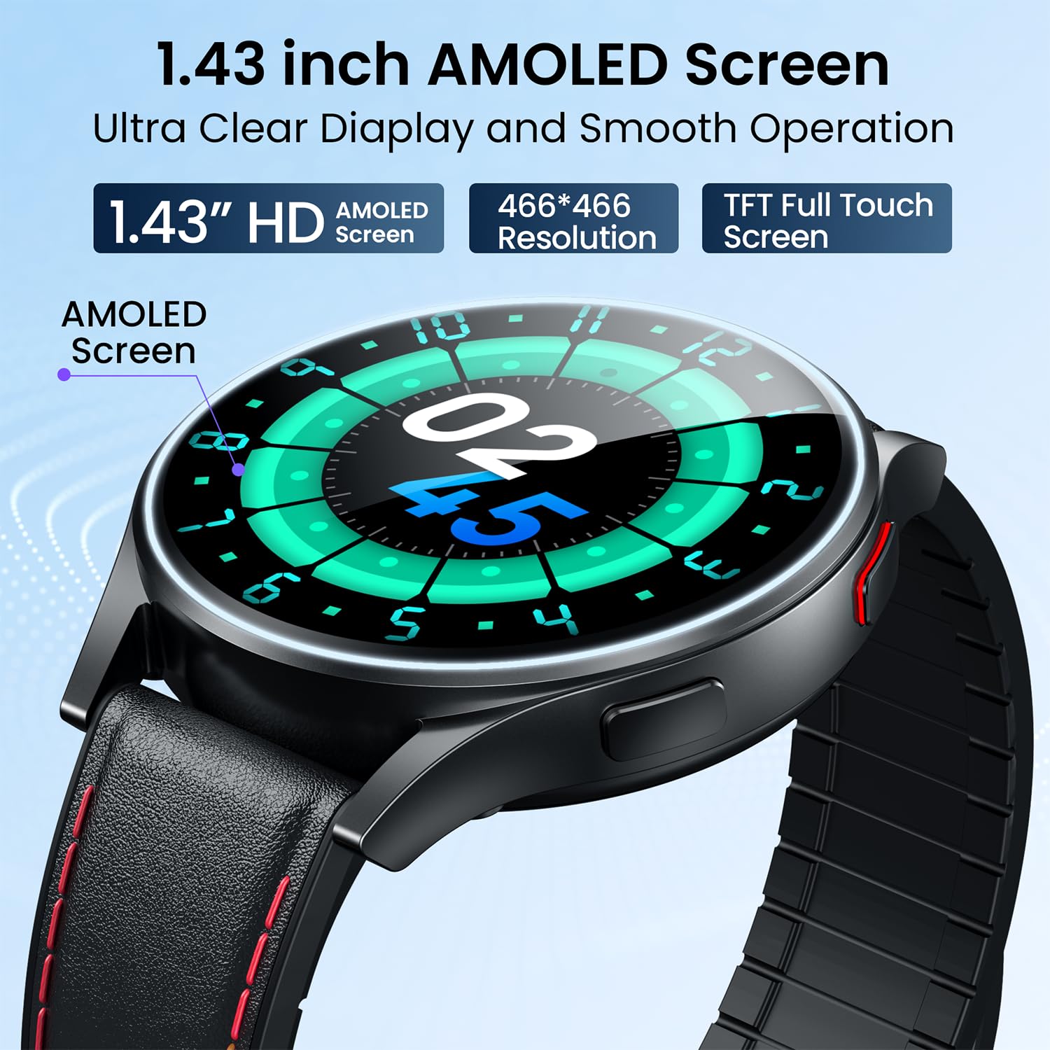Montre Connectée ECG Smartwatch Santé: 1.43"AMOLED Fitness Montre Intelligente Sport Homme avec HRV Repondre Appel Cardiofréquencemètre SpO2 Sommeil Podomètre IP68 Multisports pour Android iOS Ronde