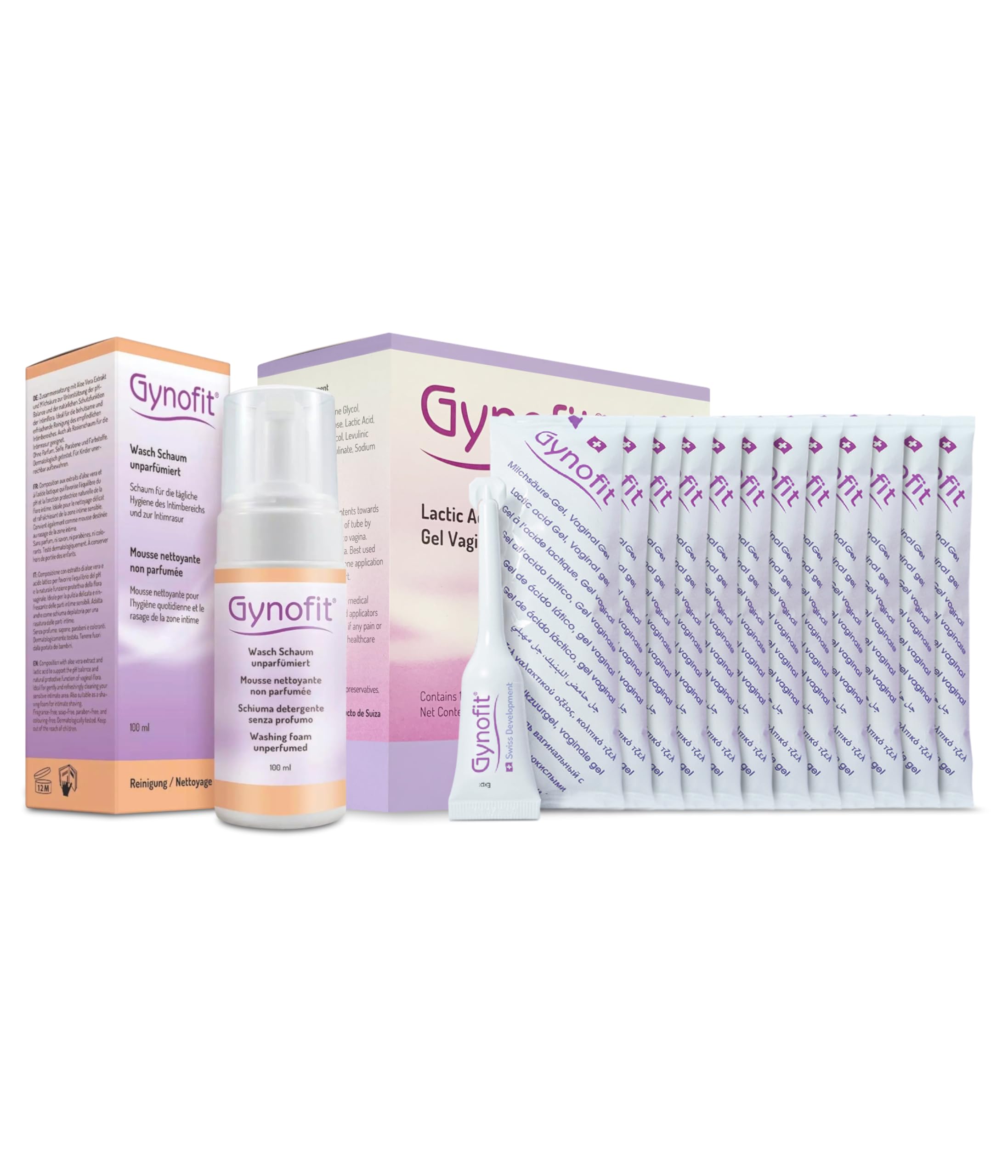 Gynofit Intimate Care Bundle Lactic Acid Vaginal Gel 12 Count Unscented Feminine Wash Foam pH-Balancing Cleanser Vaginal Moisturizer