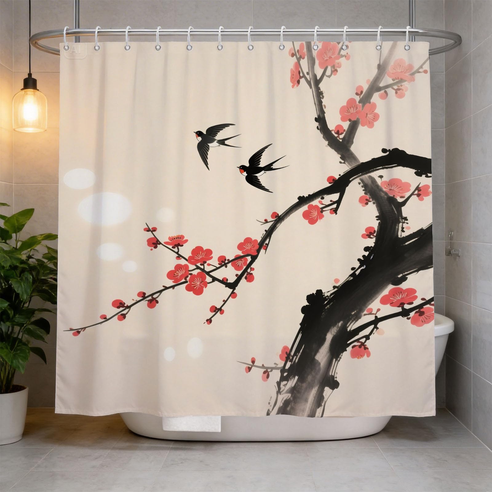 Hongduo 3D Chinese Flower & Bird Shower Curtain for Stalls Bathtubs Oriental Aesthetics Bathroom Decor Shower Curtain Set Polyester Fabric Waterproof 180x180cm/71X71 Inch with Hooks