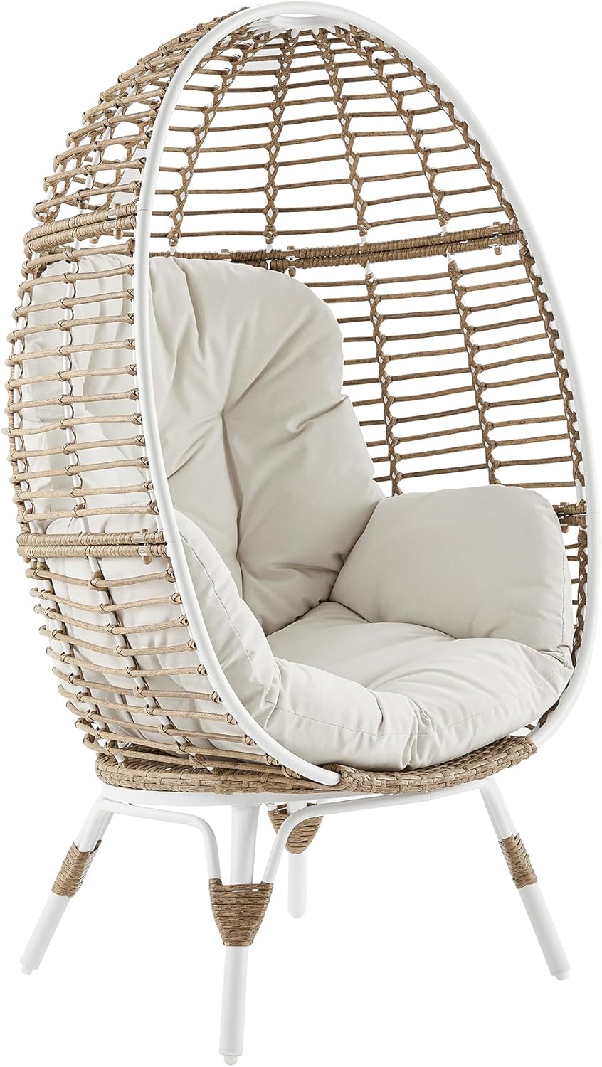 Patio Tree Outdoor Wicker Egg Chair, Indoor Rattan Lounge Chair with 4 Removable Cushions for Patio Deck, Beige