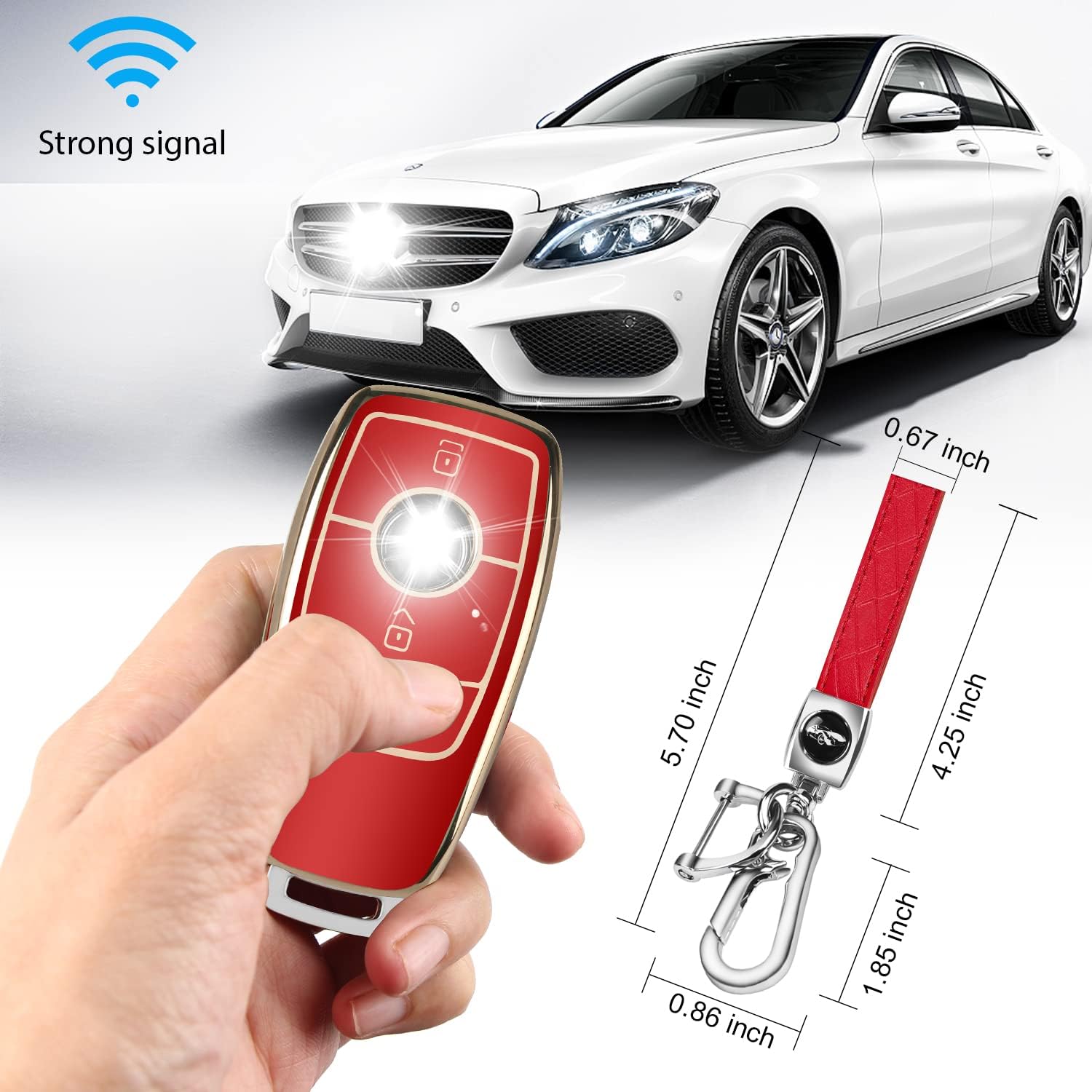 QBUC for Mercedes Benz Key fob Cover, TPU Car Key Case Protector with leather Keychain Compatible with Mercedes-Benz 2017-2021 E-Class S-Class 2019-2023 A-Class C-Class G-Class, Red - Image 4