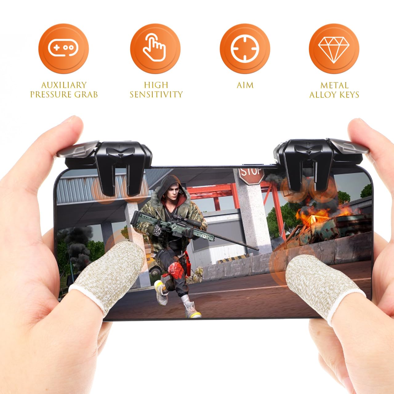 UKCOCO Mobile Controller 6 Trigger + 3 Fingerhandschuhe Set – ergonomische L2/R2 Auslöser für präzises Zielen & Schießen, atmungsaktive Gaming-Fingerhüllen reduzieren Bildschirmlatenz