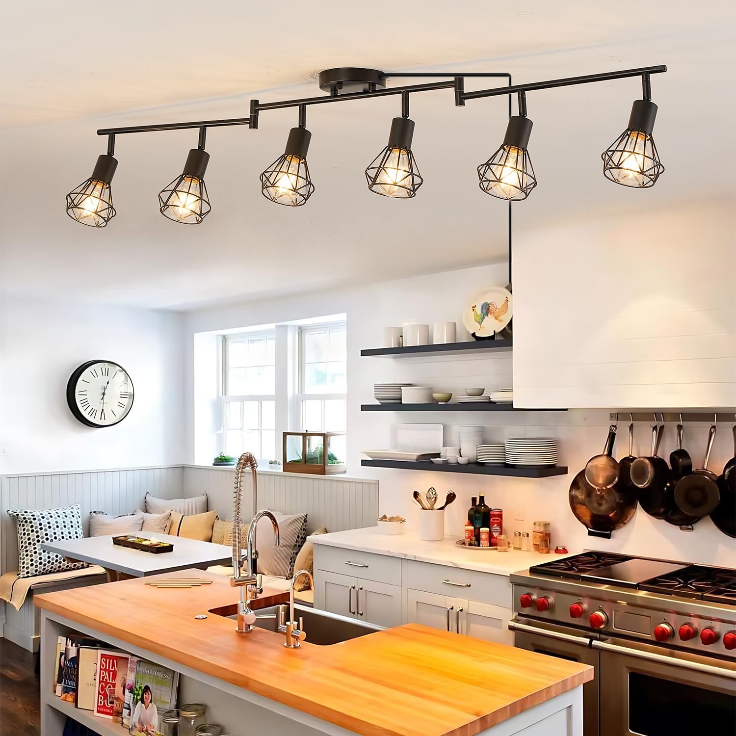 Black 6-Light Track Lighting Ceiling Fixture, Modern Industrial Flush Mount Ceiling Light with Metal Cage E26 Base for Kitchen Dining Room (Bulbs Not Included)