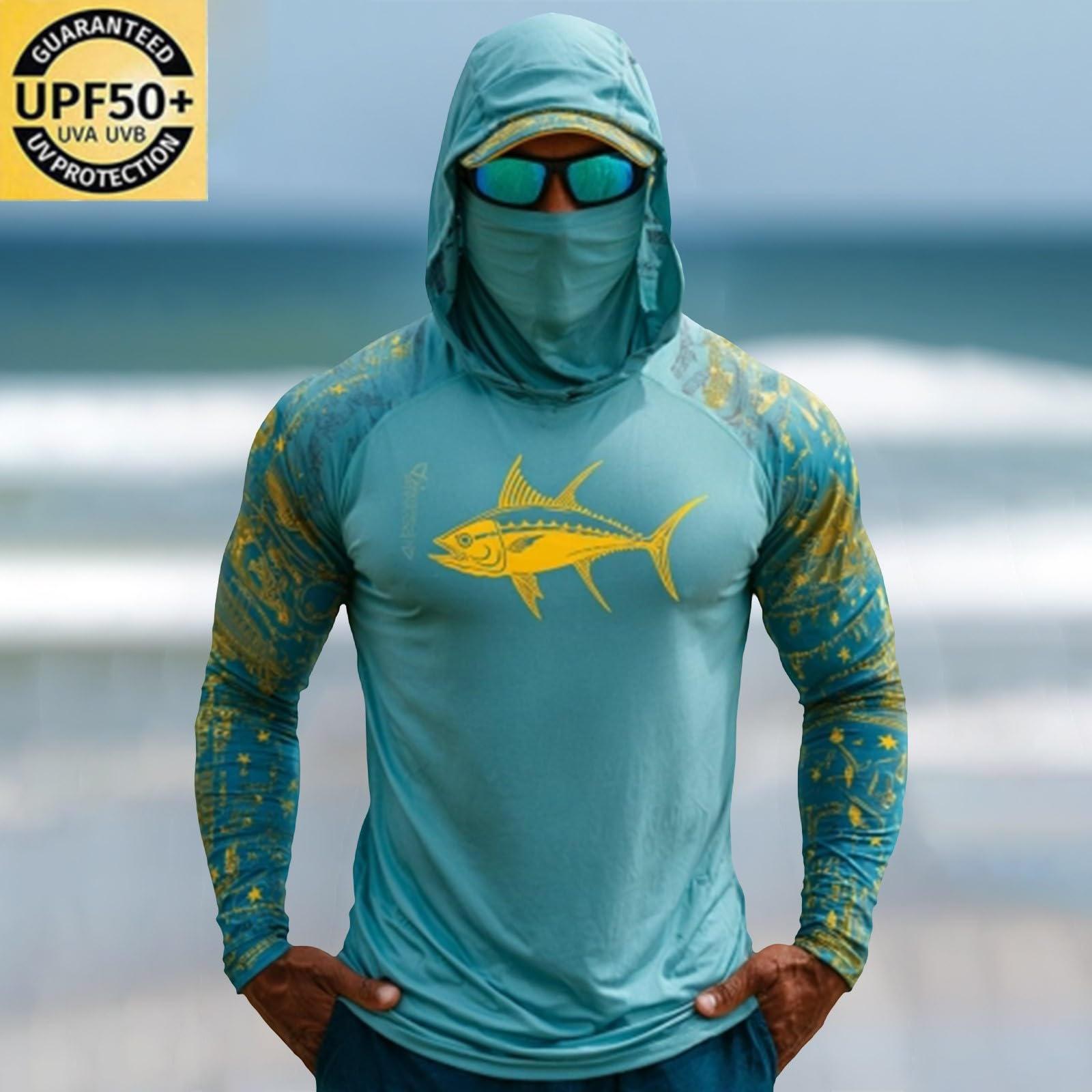 Camisas de pesca para hombre con capucha y máscara, diseño de peces, manga larga, ligeras, para senderismo, exteriores, protección UV, ropa de pesca