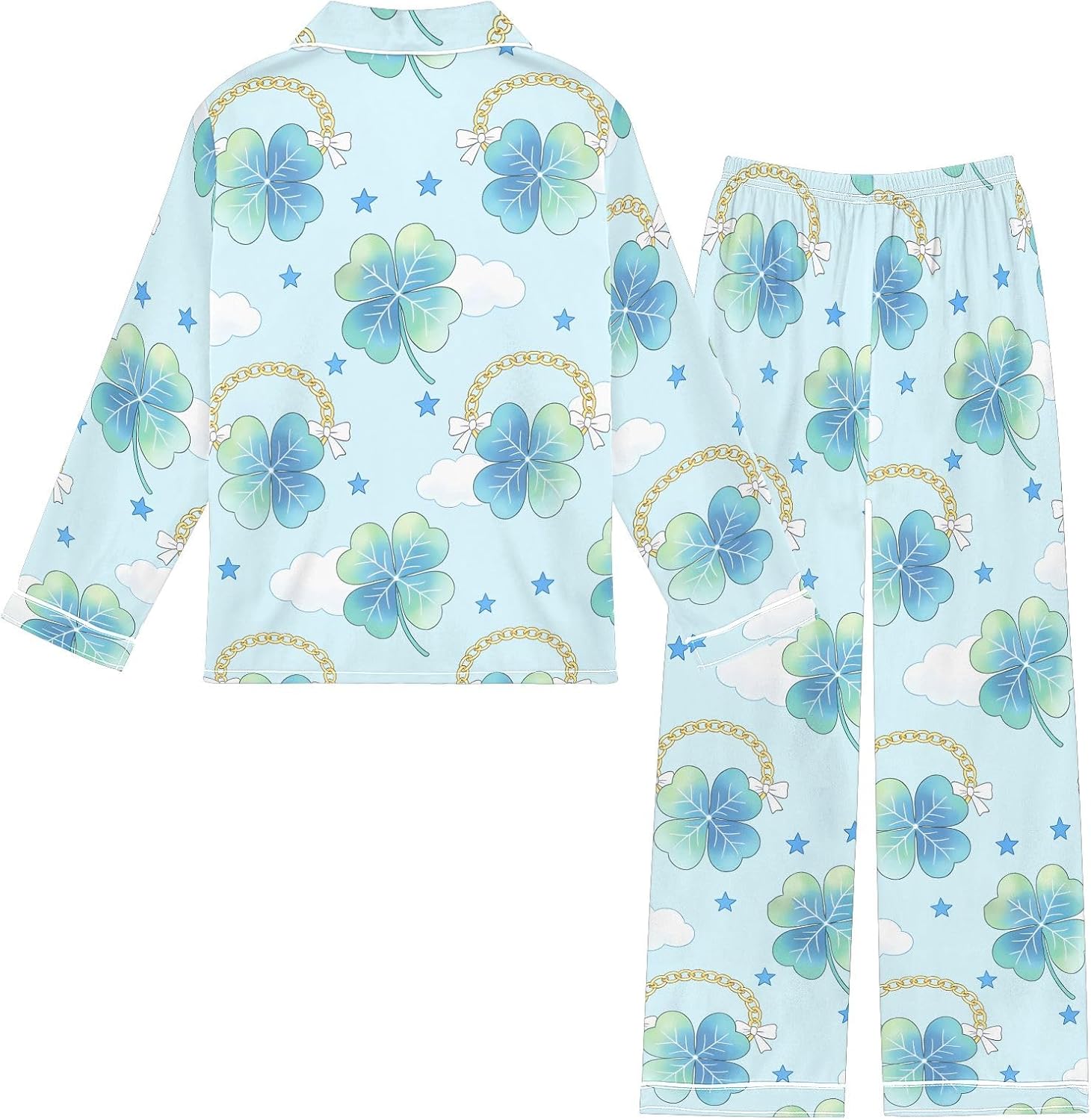 Kids Casual Satin Wear Set Four Leaf Clover Cloud Unisex Relaxed Fit Clothing
