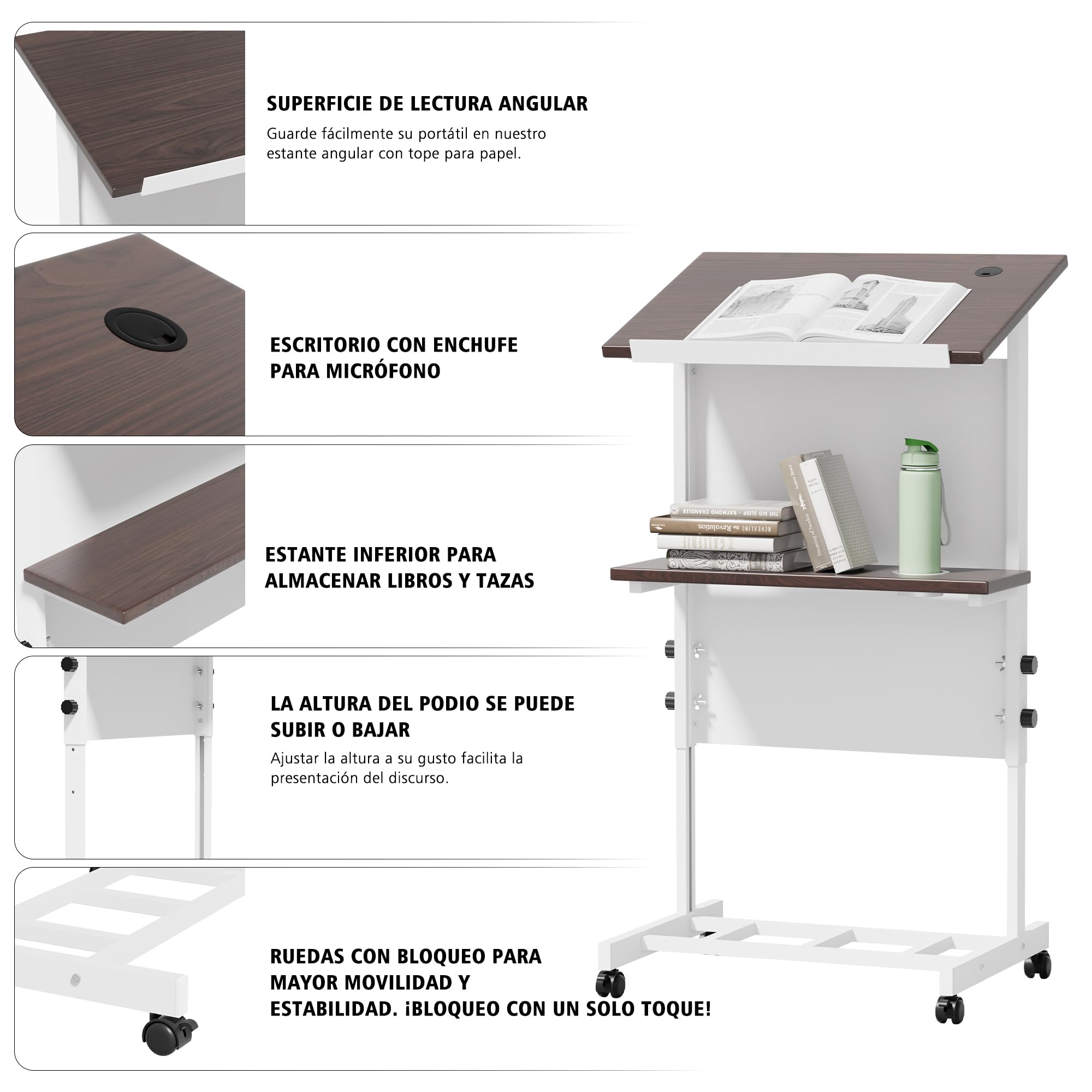 Escritorio de pie con Ruedas, Atril portátil móvil, Atril con Ruedas de Altura Ajustable con Estante y portavasos para presentaciones y Uso de portátiles.