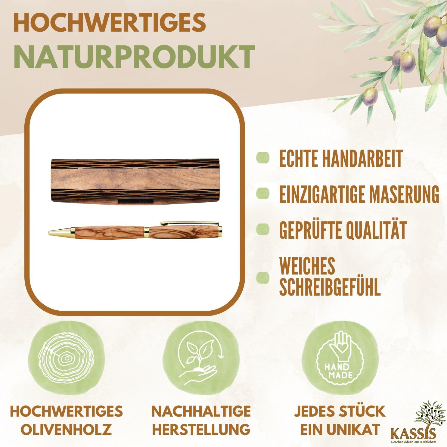 Kassis Geschenkartikel Personalisierbarer Kugelschreiber aus Olivenholz mit Holzschachtel – stilvolles handgefertigtes Schreibset für Büro, Schule, Firma und besondere Anlässe