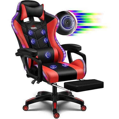 RGB Gaming Chair with Speakers and Massage, Racing Computer Chair with Massage and Footrest for Office or Gaming. (Black+Red)