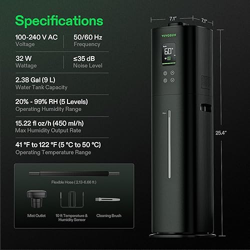 Miniatura 2 de VIVOSUN AeroStream H09 Humidificador inteligente Wi-Fi, 2.38 galones  9 L humidificador con sonda de temperatura y humedad, control remoto