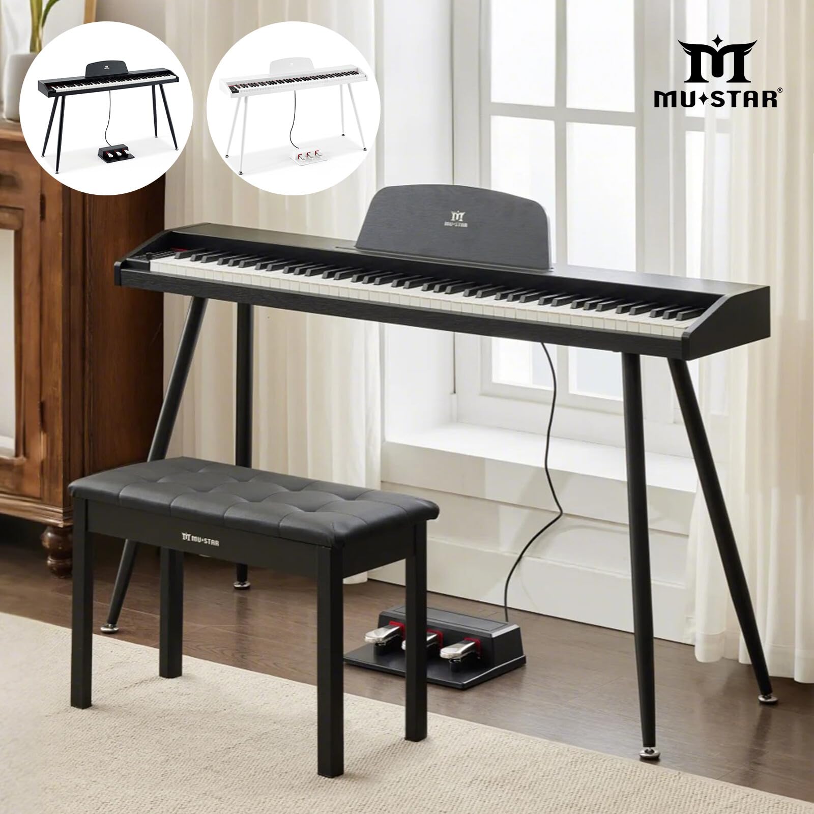 MUSTAR Piano Digital de 88 teclas con banco, teclado piano tamaño completo con 3 pedales, piano eléctrico portátil, piano digital para el hogar con MIDI-USB y soporte, negro