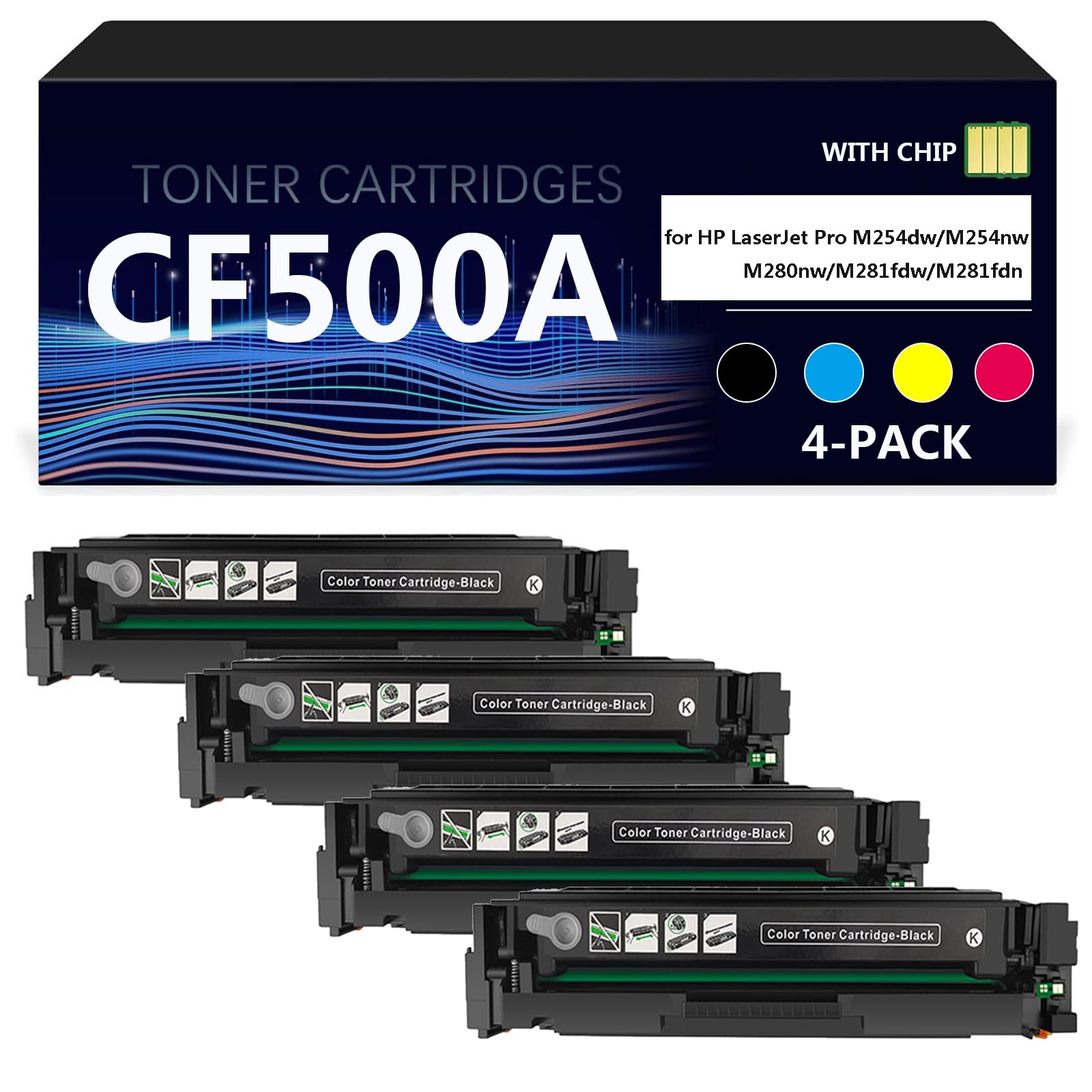 Compatibile CF500A CF501A CF502A CF503A Toner Cartuccia con Chip per HP LaserJet PRO M254dw M254nw M280nw M281fdw M281fdn Stampante, Facile da Installare,4*Black
