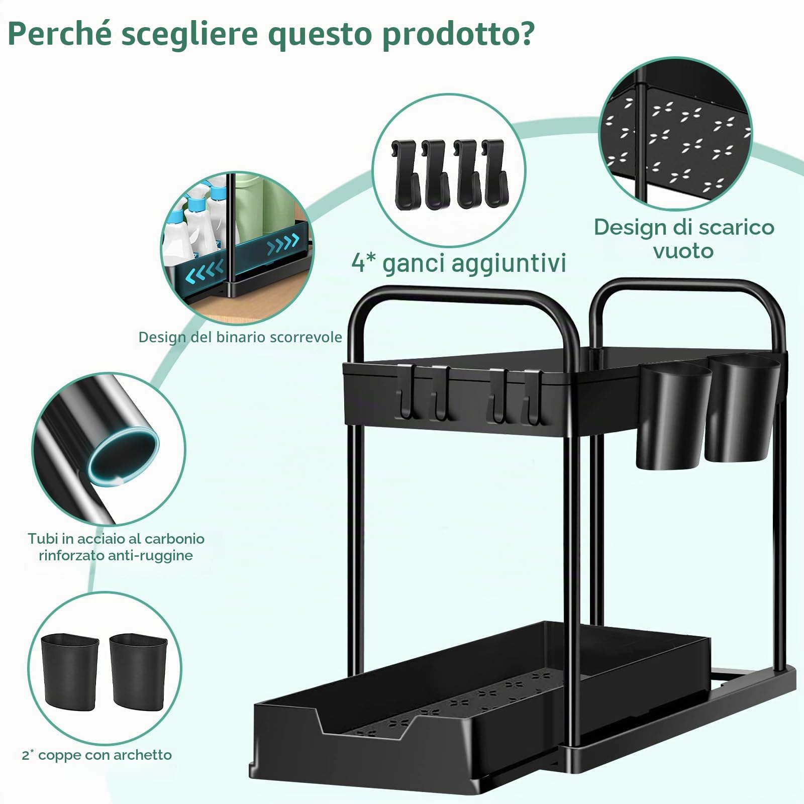 Organizer Sottolavello Cucina 2 Livelli, Estraibile Organizzatore Cucina Con 4 Ganci e 2 Tazze, Sottolavello Portaoggetti Ripiano Cassetto, Organizzatore per lavello Bagno (Nero,1 Pezzo)