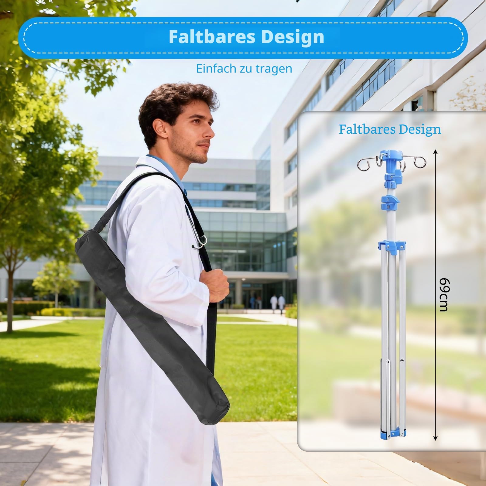 Klappbar Infusionsständer mit 4 Haken und 3 Netzbeuteln IV Ständer Höhenverstellbar von 70-210 cm Tragbarer Aluminiumlegierung Infusion Halterung für Zuhause Pflegeheime Klinikum, Weiß