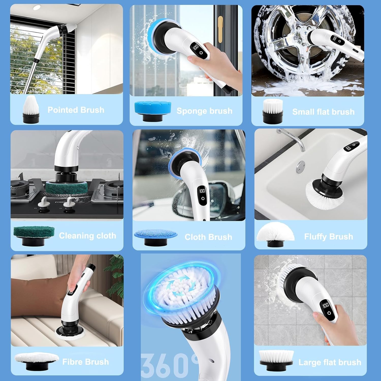 Zjyufy Electric Cleaning Brush Wireless Electric Rotary Scrubber with 8 Brush Heads Adjustable Handle Cleaning Brush for Tiles Shower Bathroom Kitchen and Floors - Image 2