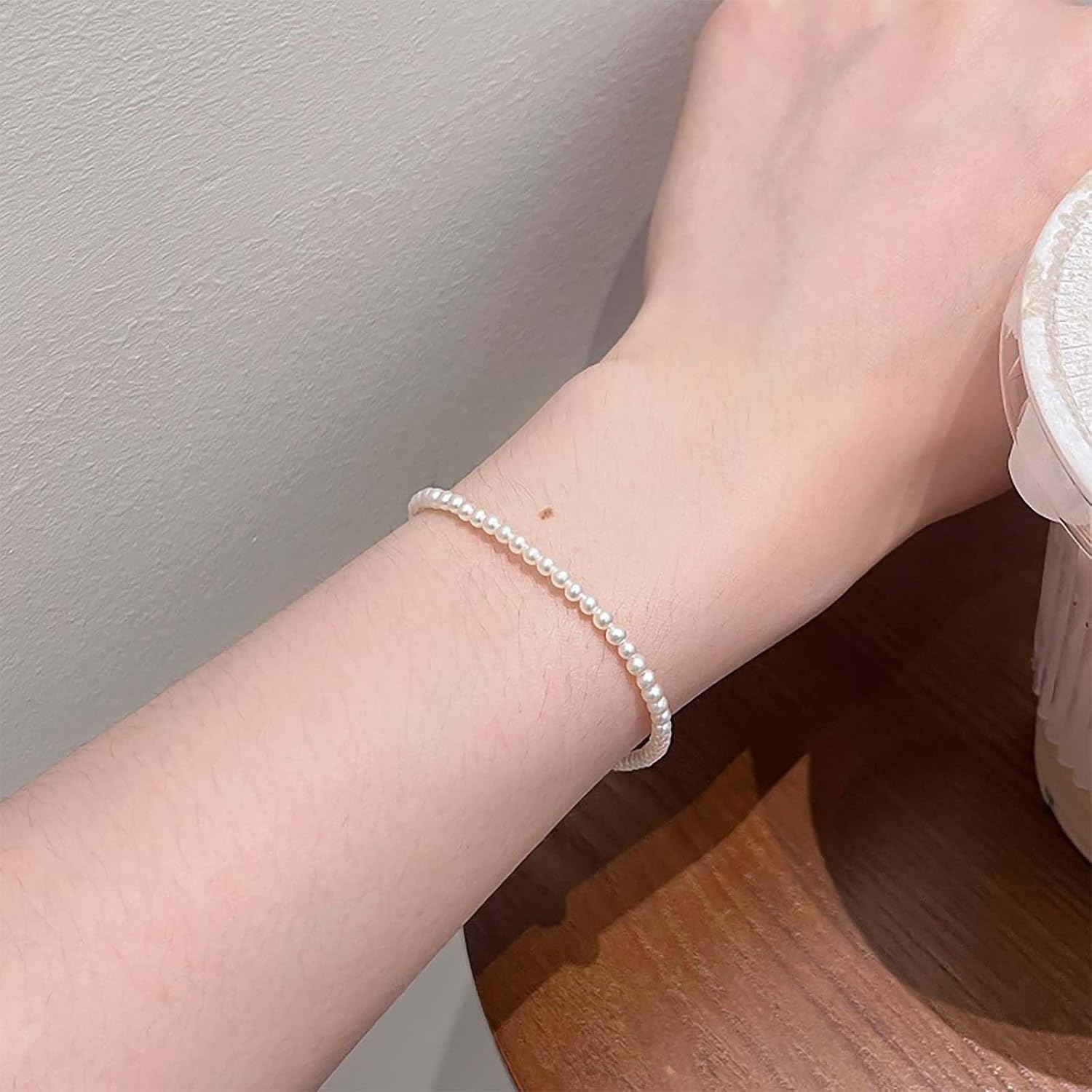 Vintage Wedding Pearl Bracelet White Pearl chain bracelet Pearl bangle bracelet Small pearl Stretch Bracelet Elastic Pearl Bracelets Pearl Hand Chain Bracelet Jewelry for Women - Image 7