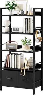 Aibiju Bücherregal mit 5 Ebenen, Verbreiterung mit 2 Stoffschubladen, Bücherregal, Aufbewahrungsregal für Büro, Arbeitszimmer, Wohnzimmer, Schlafzimmer, Schwarz YD-BC002B