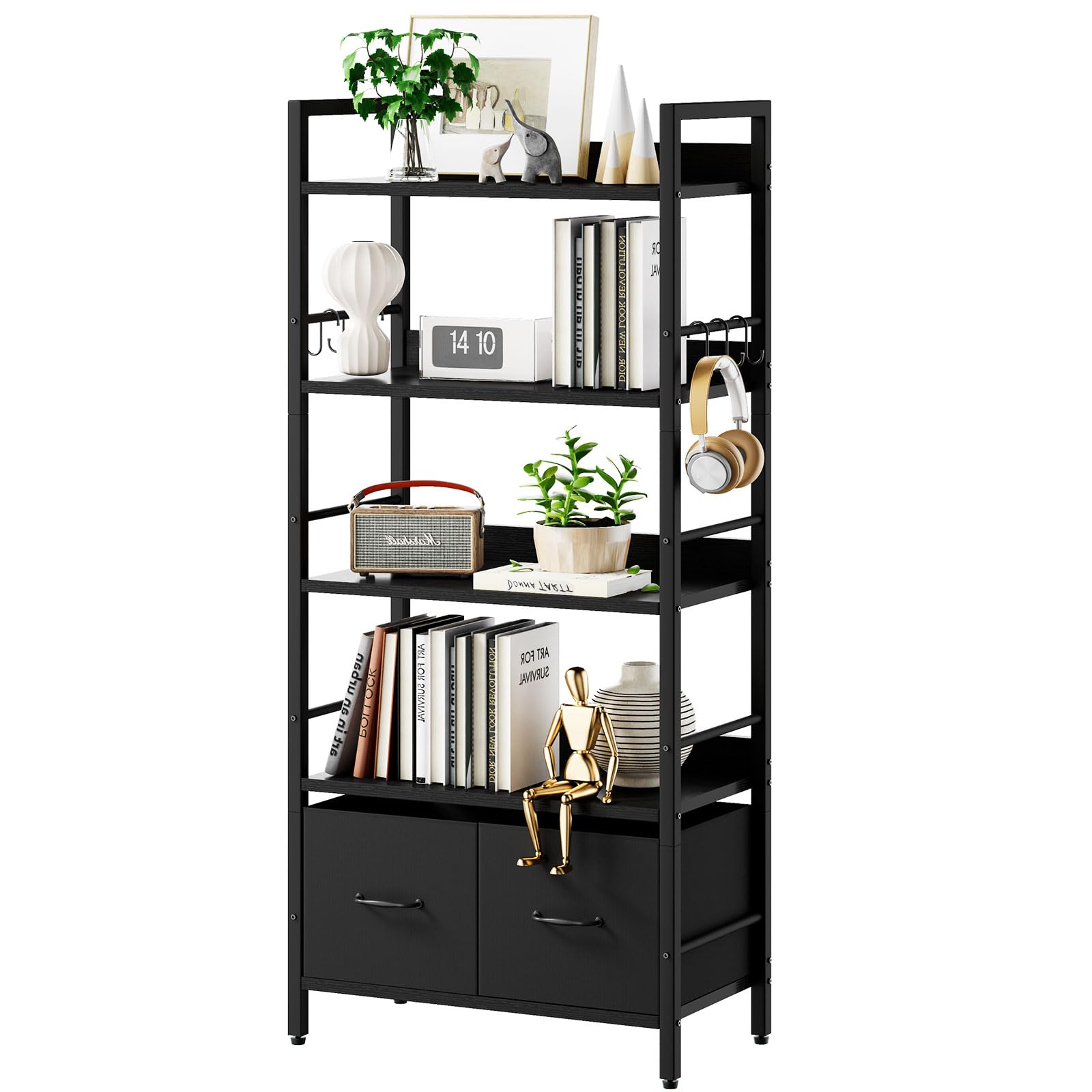 Aibiju 5-Tier Bookshelf, Widening Bookcase With 2 Fabric Cloth Drawers, Bookcase Shelf Storage Organizer, for Office, Study, Living Room, Bedroom, Black YD-BC002B