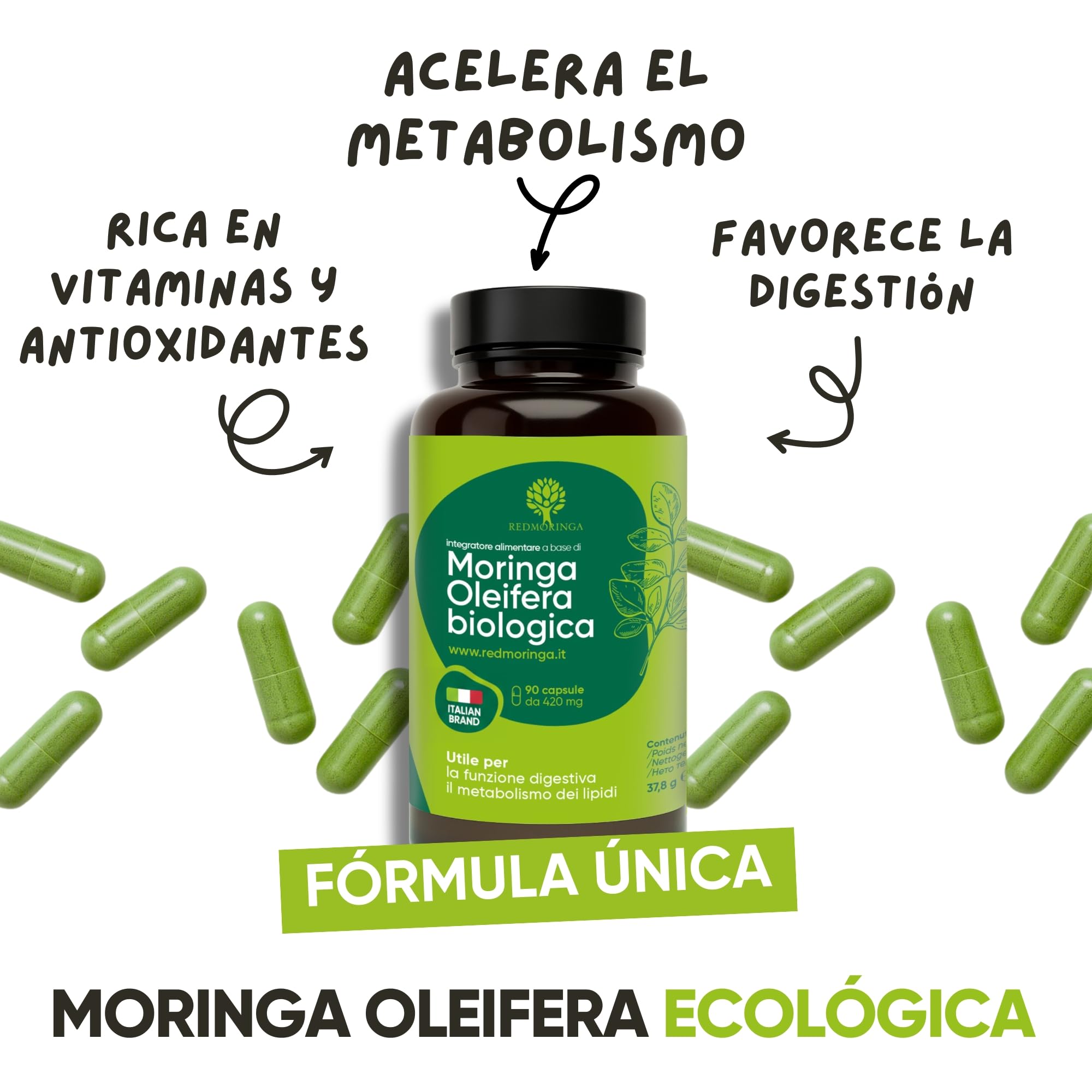 RedMoringa Moringa Oleifera Bio | Moringa Cápsulas Pura 100% Natural | Cápsulas Vegetales | Superalimento para Digestión y Metabolismo de Grasas | 270 Cápsulas Made in Italy
