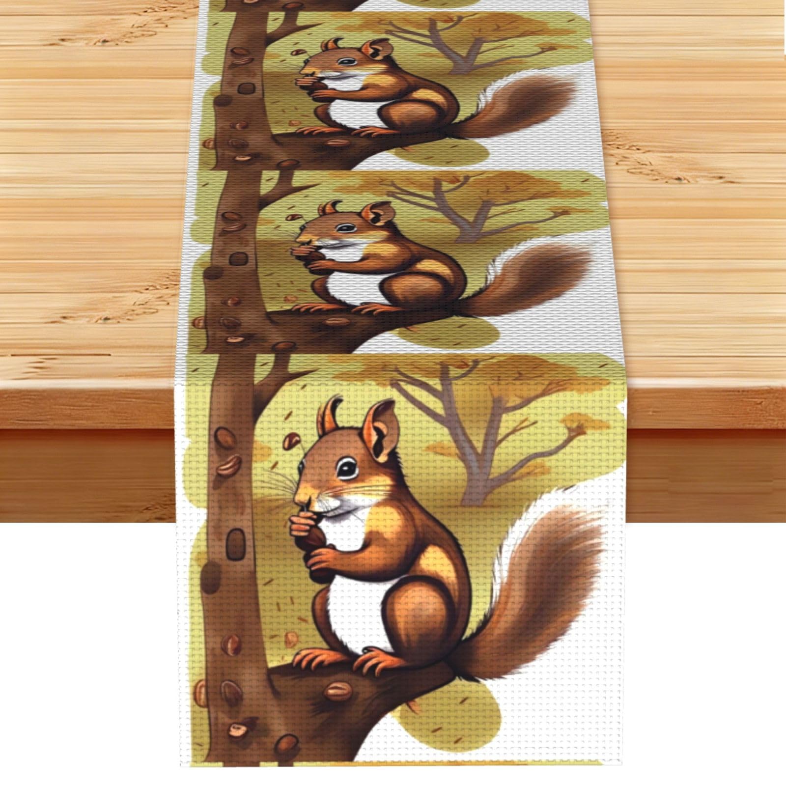 Nut-Eating Squirrel Table Runner 13x72 Inch Cotton Linen Table Linen Washable Farmhouse Tablecloth Modern Abstract Art Kitchen Dinning Table Decoration for Home Party Decor