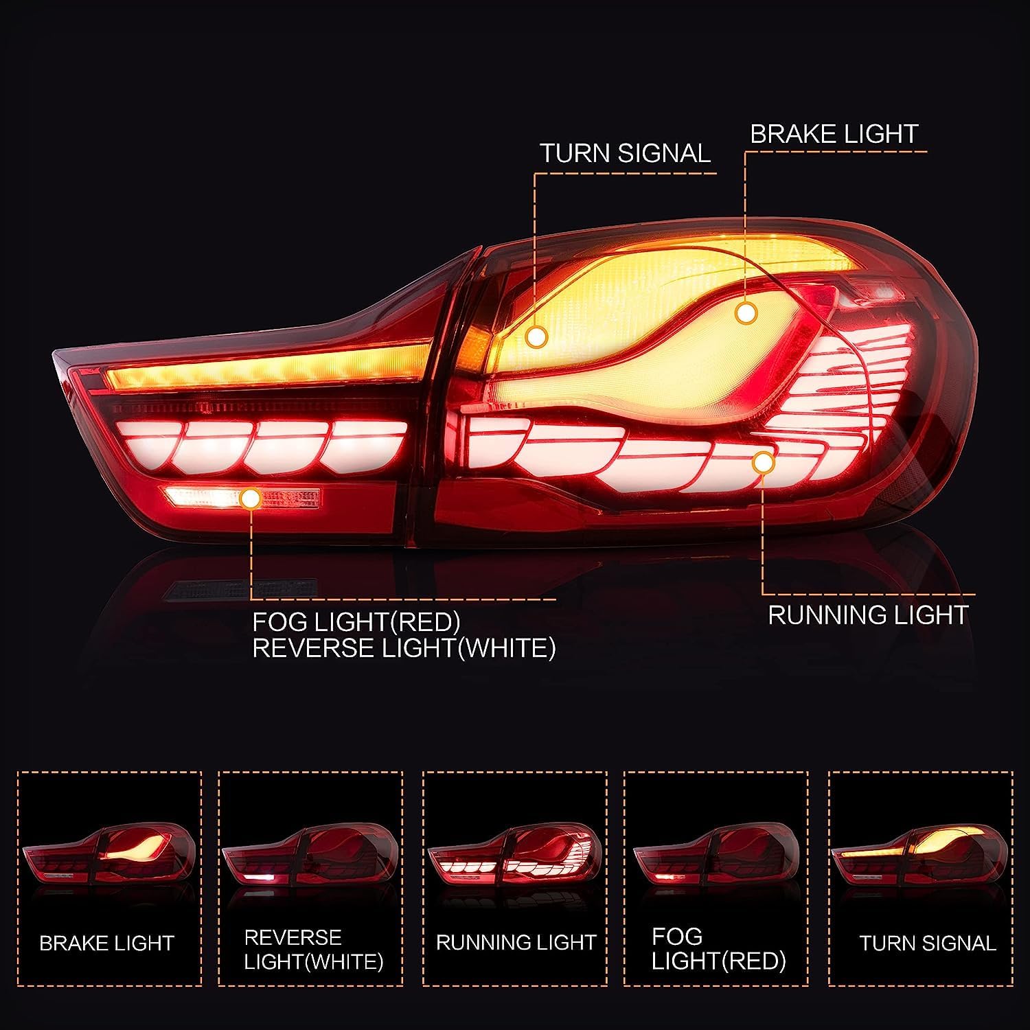 VLAND OLED Tail Lights Assembly Fit for 4-series BMW GTS F32 F33 F36 F82 F83 2014-2020 Sedan/Convertible/Coupe, Rear Lamps with 3D Dynamic Dragon Scale DRL, W/Sequential Turn Signal, Red