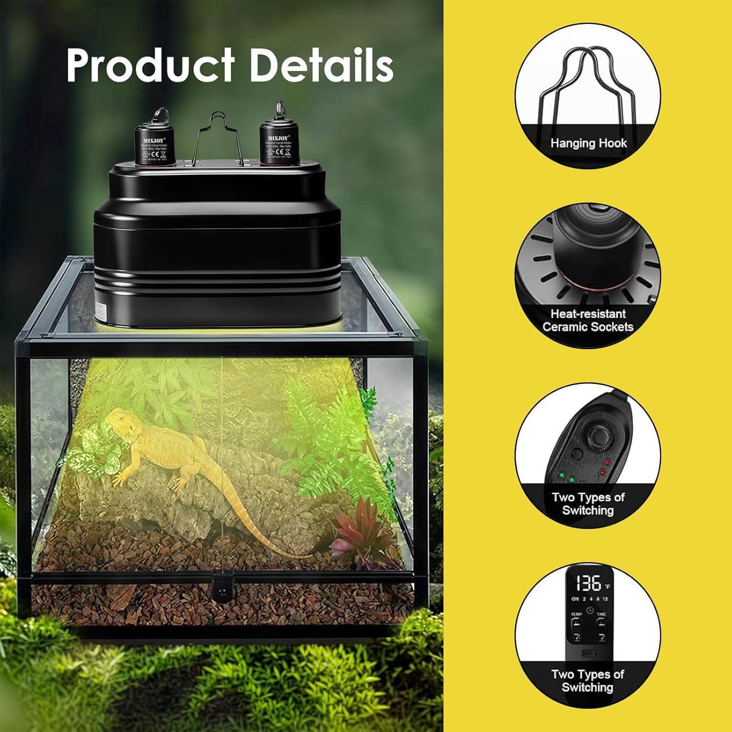 11inch Dual Reptile Heat Light Fixture with Thermostat and Timer, Max 150W Dome Terrarium UVB Reptile Light with Switches, Bearded Dragon Light Fixture for Turtle Tank,Snake and Hermit Crab