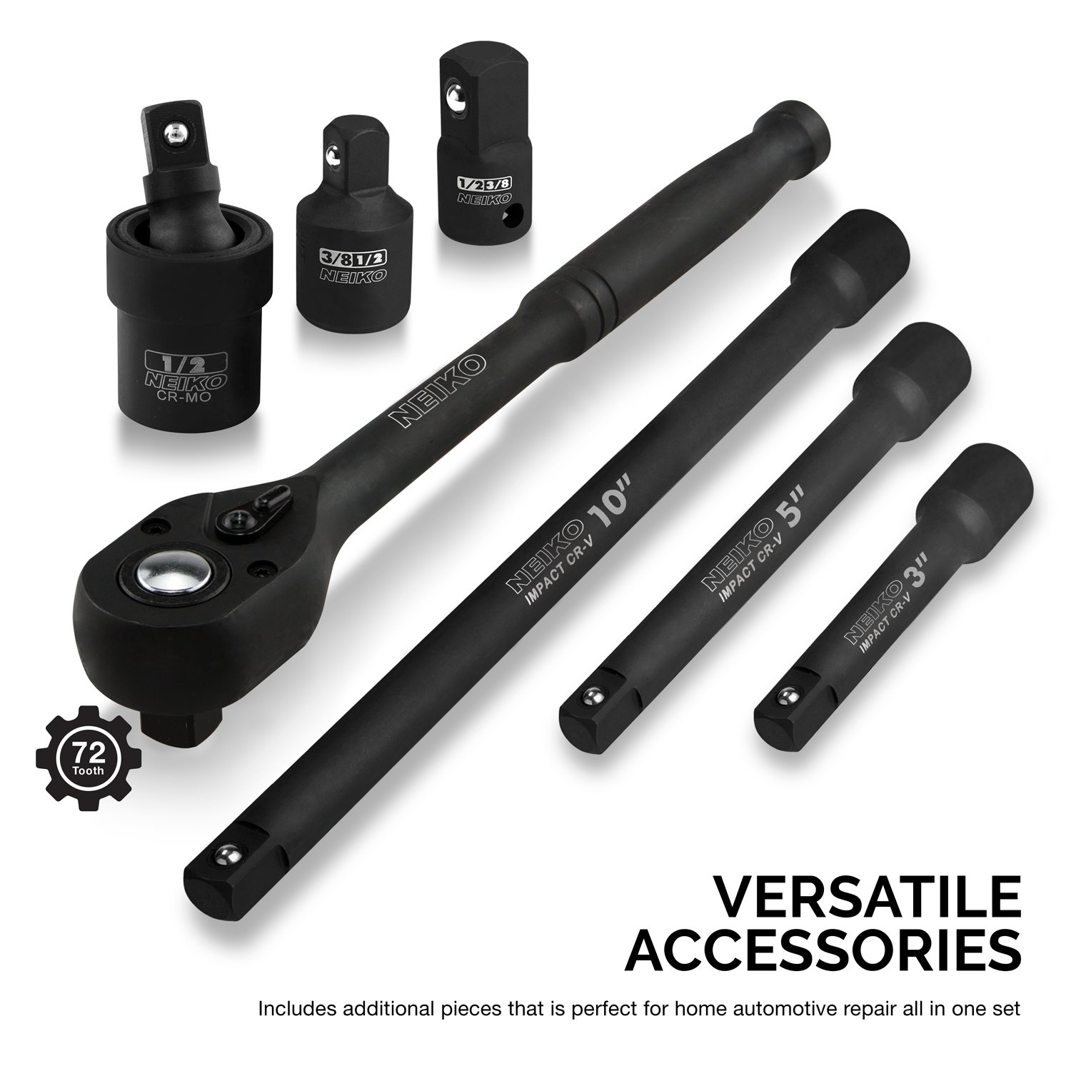 NEIKO 02446A 1/2" Impact Socket Set, 35 Piece, Deep Socket Kit Assortment, Standard SAE (3/8”-1-1/4”) and Metric MM (10-32mm) Sizes, Includes Ratchet Handle and Impact Extension Bars