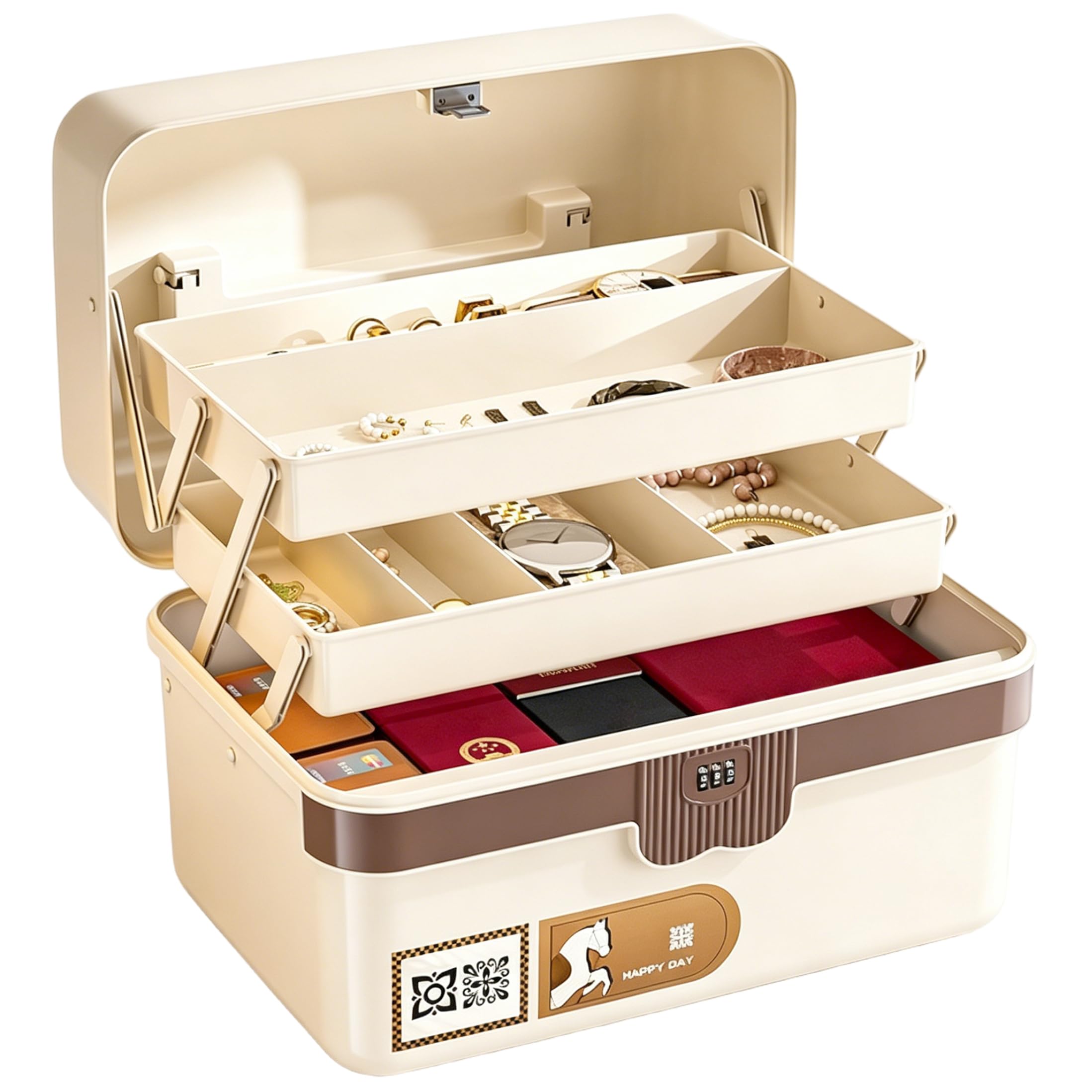 Ameble Sewing Box Organizer, 3-layer Tackle Box Organizer With Combination Lock, Multipurpose Craft & Sewing Storage, Brown, 11.42x7.28x6.10inch tool, tackle