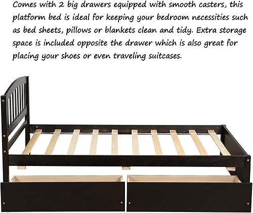 Miniatura 43 de P PURLOVE Cama de plataforma de tamaño individual con cabecero, marco de cama de madera con cama nido (blanco) White Frame,expreso (Espresso