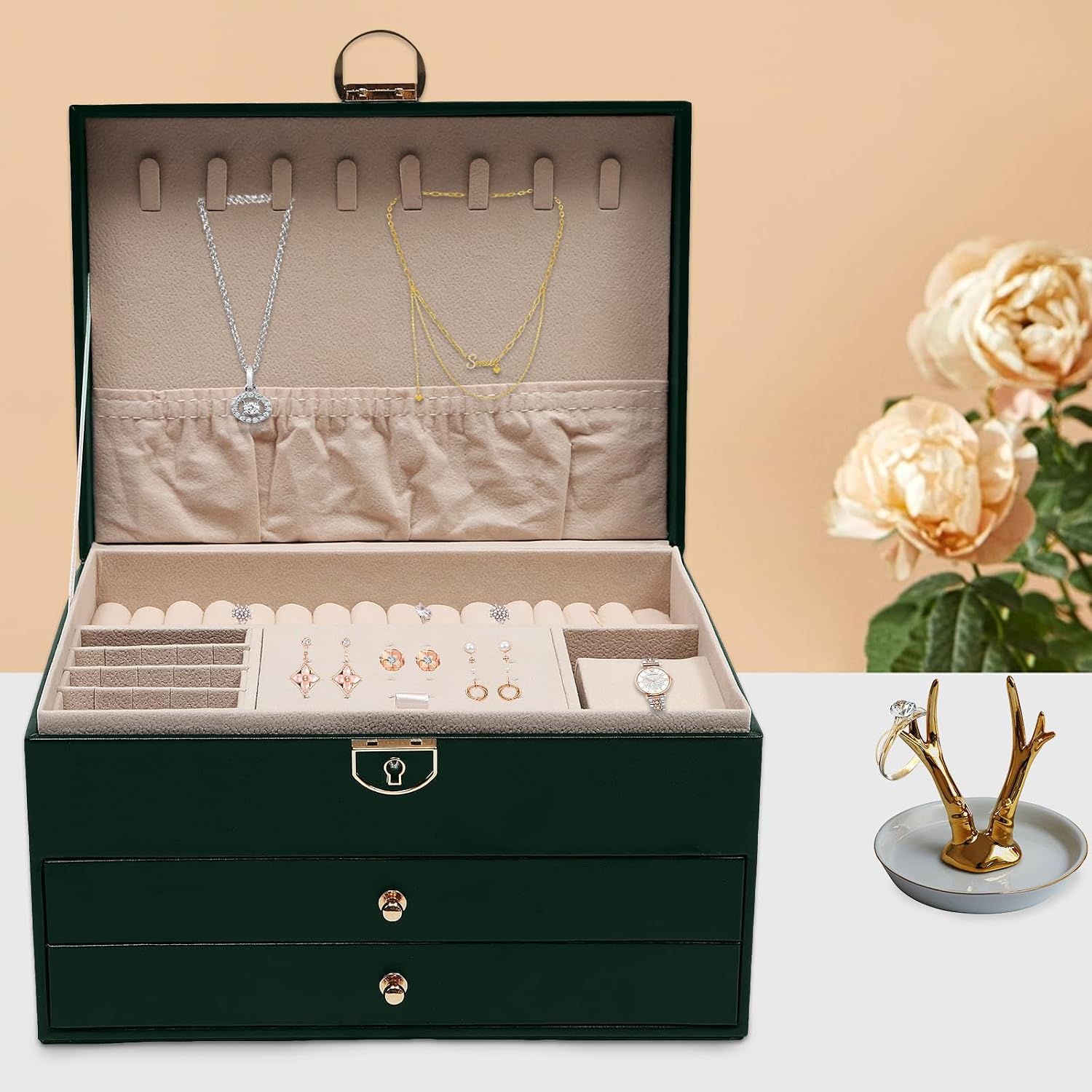 Watch Box Jewelry Organizer – 3 Layer Storage Case for Watches and Accessories, Stylish Green Display for Bedroom, Closet, for Men and Women