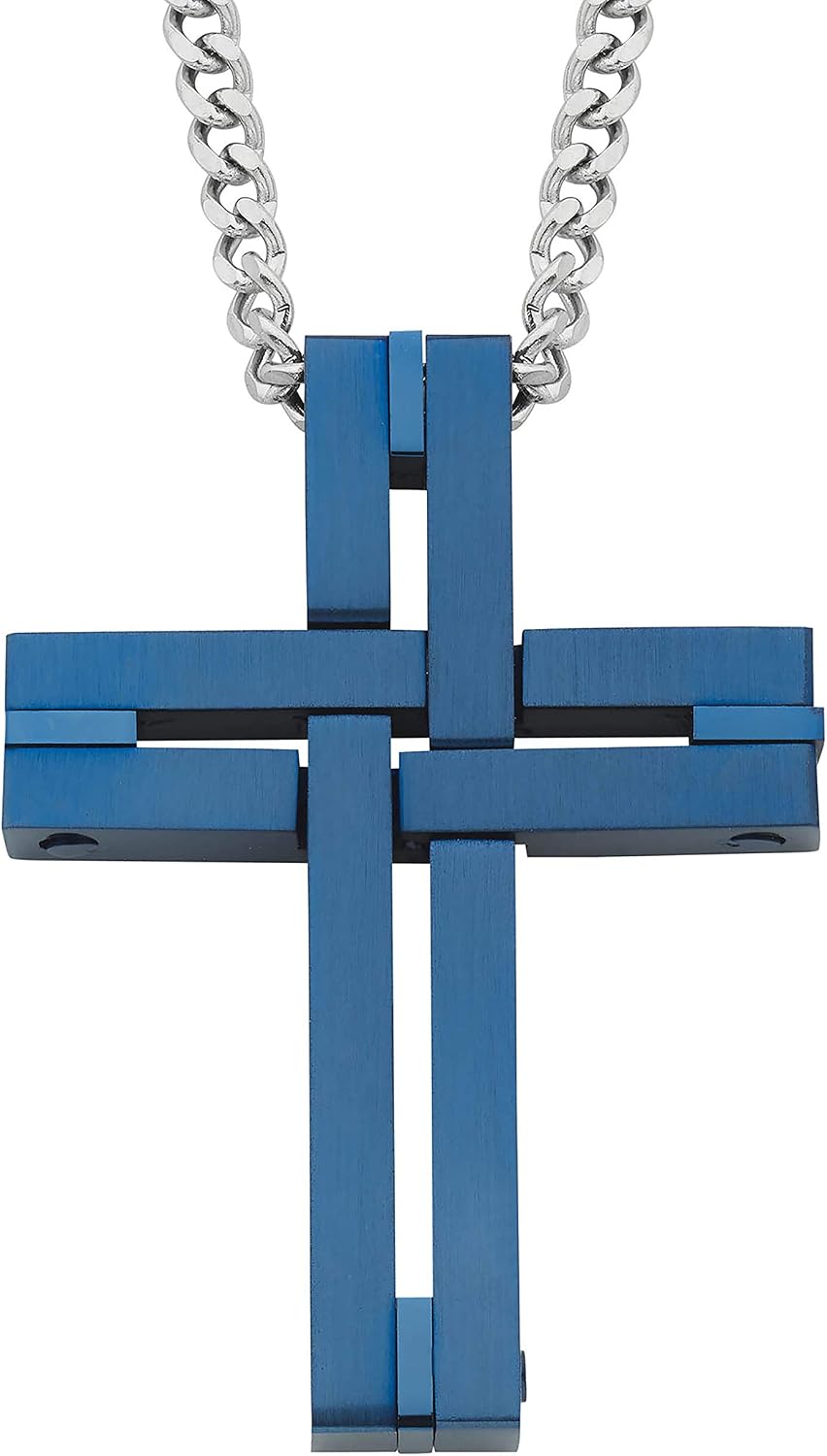 Men's Cross Pendant Necklace in 316L Stainless Steel Interlocking Woven Cross on 24” Curb Chain, Choice of Color