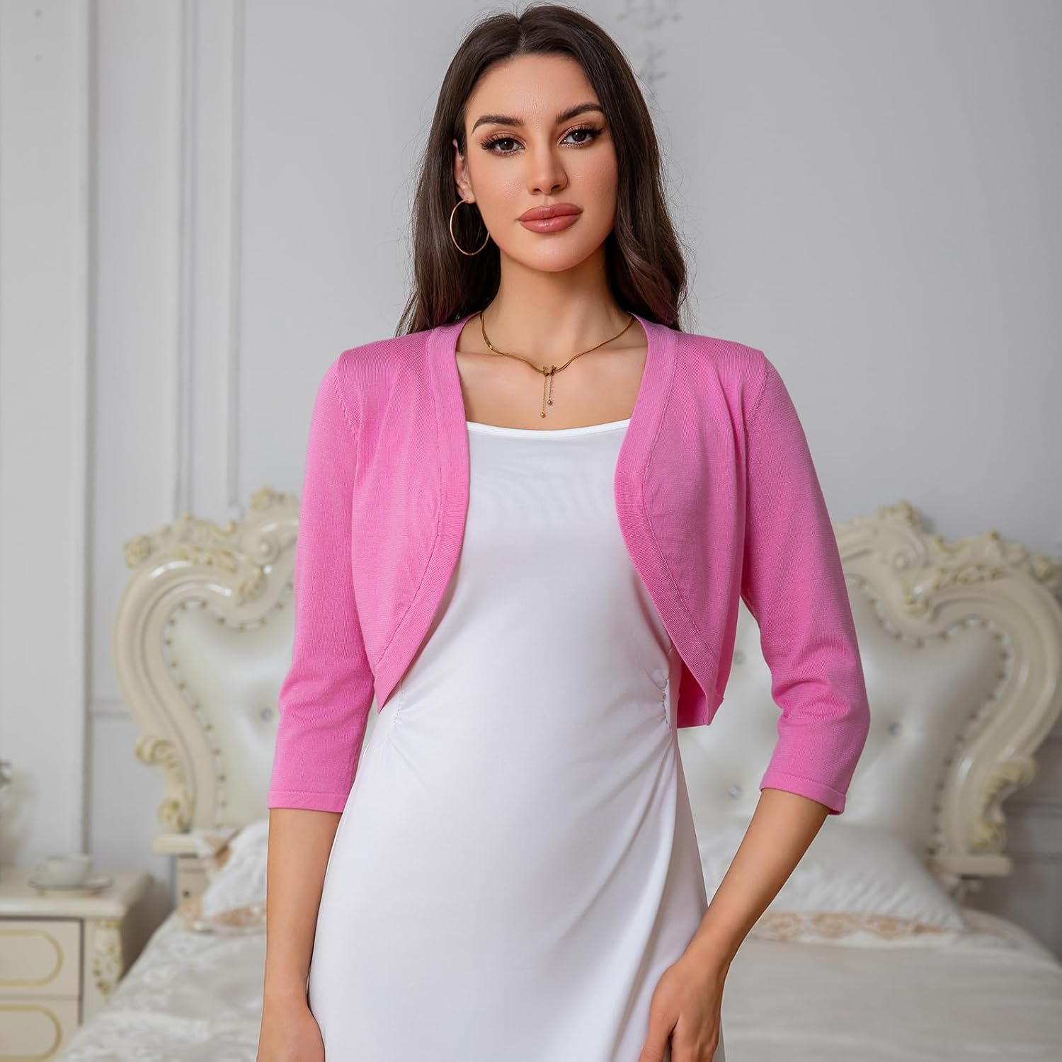 Women's Cropped 3/4 Sleeve Knit Cardigan - Open Front Bolero Shrug (Pink-M)