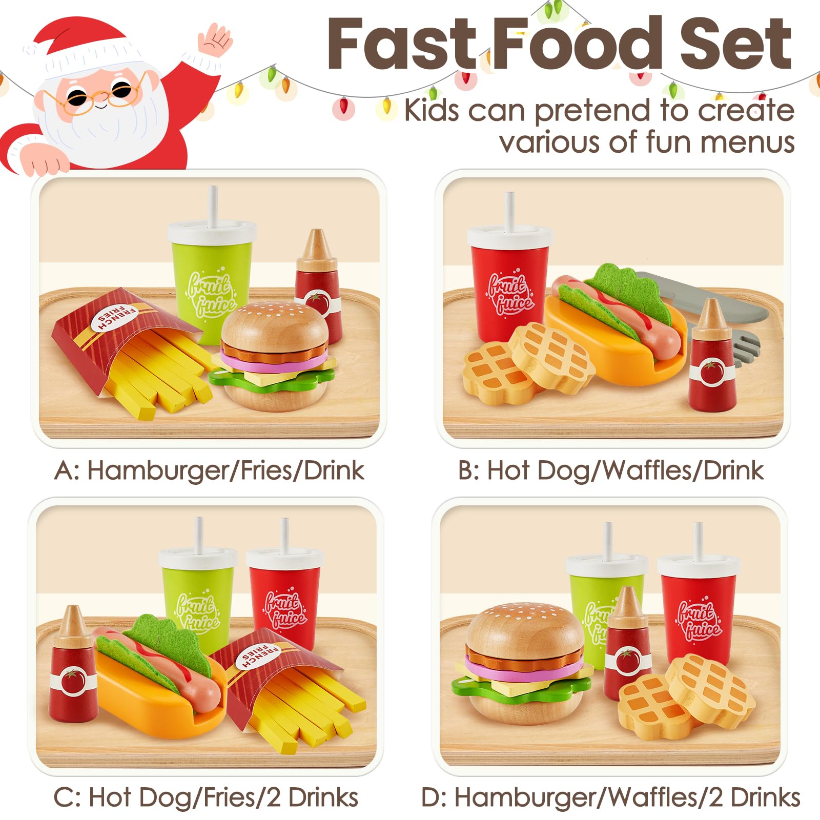 BUYGER Giochi Cucina Legno Giocattoli per Bambini 3 + Anni, Hamburger Hotdog Cibo Finto Giocattoli, Accessori Cucina Bambini, Regalo Compleanno per Ragazzo Ragazza 3 4 5 Anni