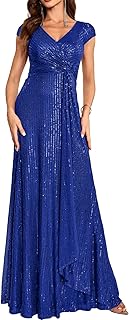 Short Sleeve Sequin Dress for Women Formal Evening Gowns Sparkly V Neck 1920s Long Dress