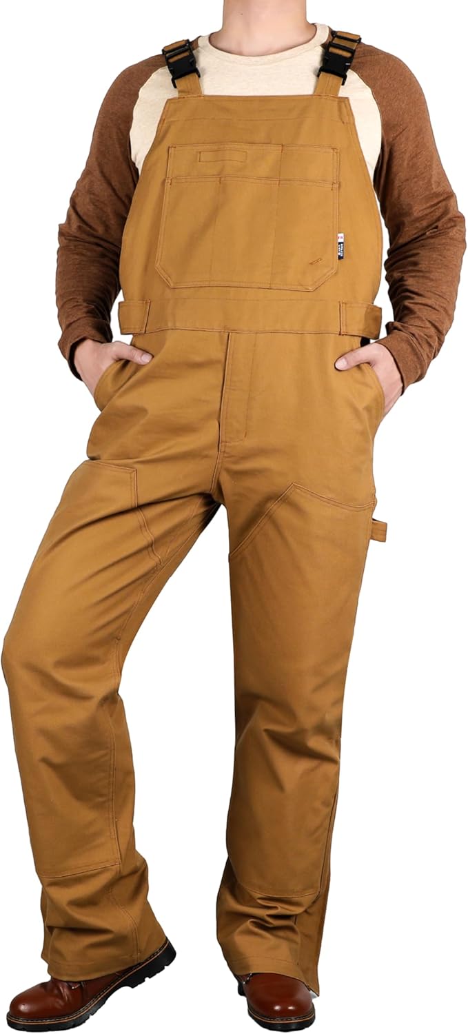 BOCOMAL Men's FR Bib Overalls Duck Canvas Leg Zipper Fire Resistant/Flame Resistant Workwear Relaxed Fit Unlined