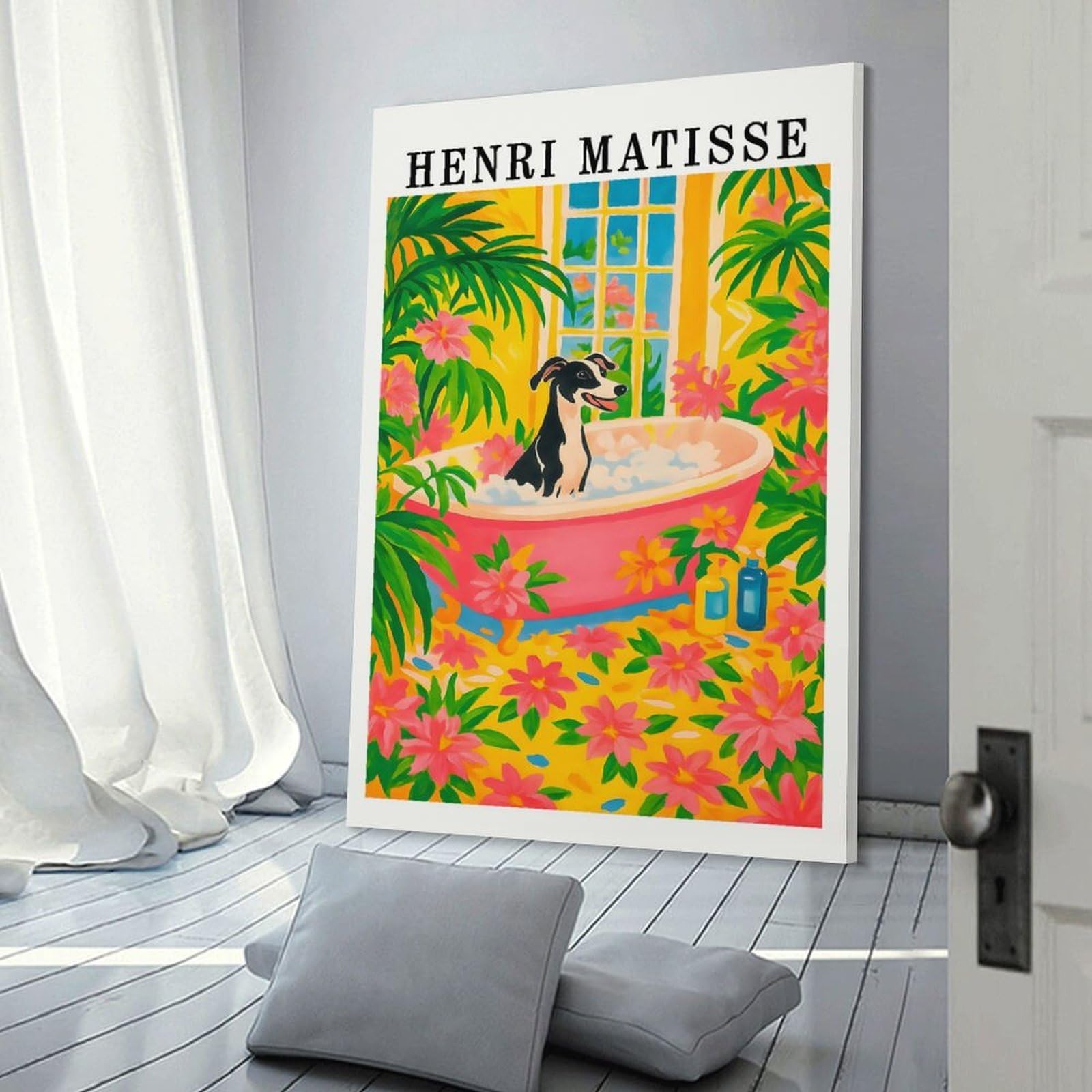 Junmoney Canvas Wall Picture Henri Matisse Style Dog in Bathtub, 24x36inch(60x90cm), for Restful Interiors, Bedrooms Or Small Rooms, Home Artwork with A Soft Interior Feel